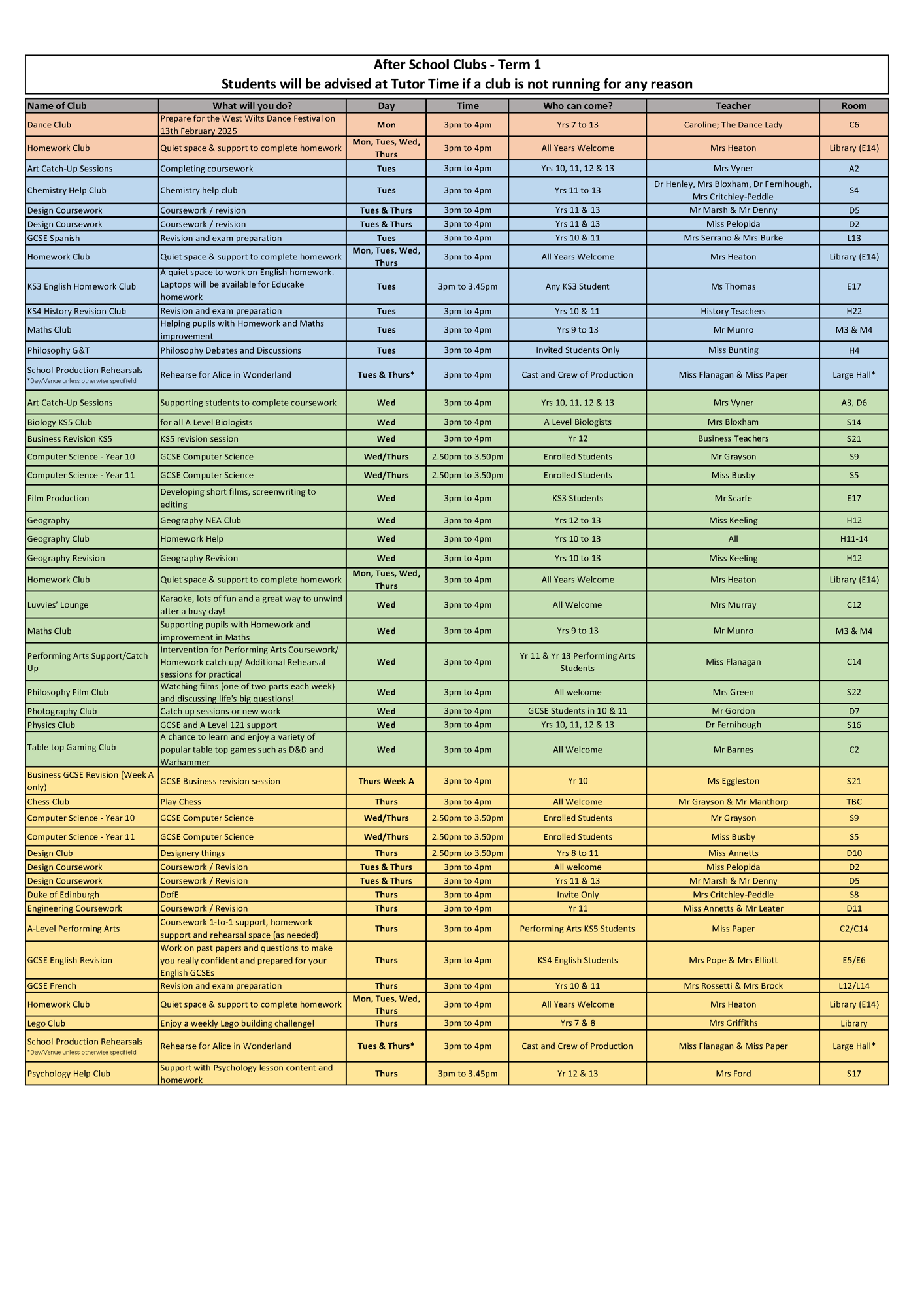 Term 1 After School Clubs 2024