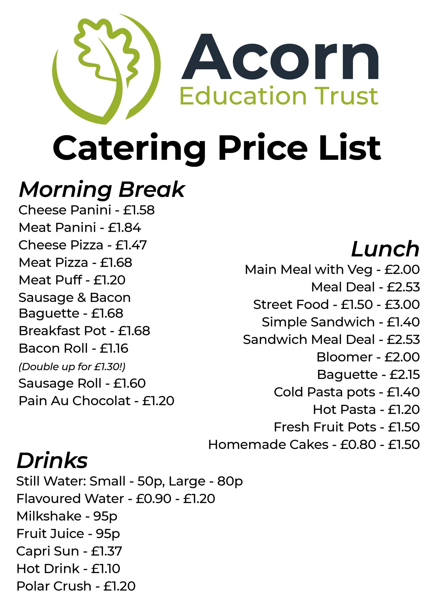 Acorn Catering Price List   PAB edit for Web