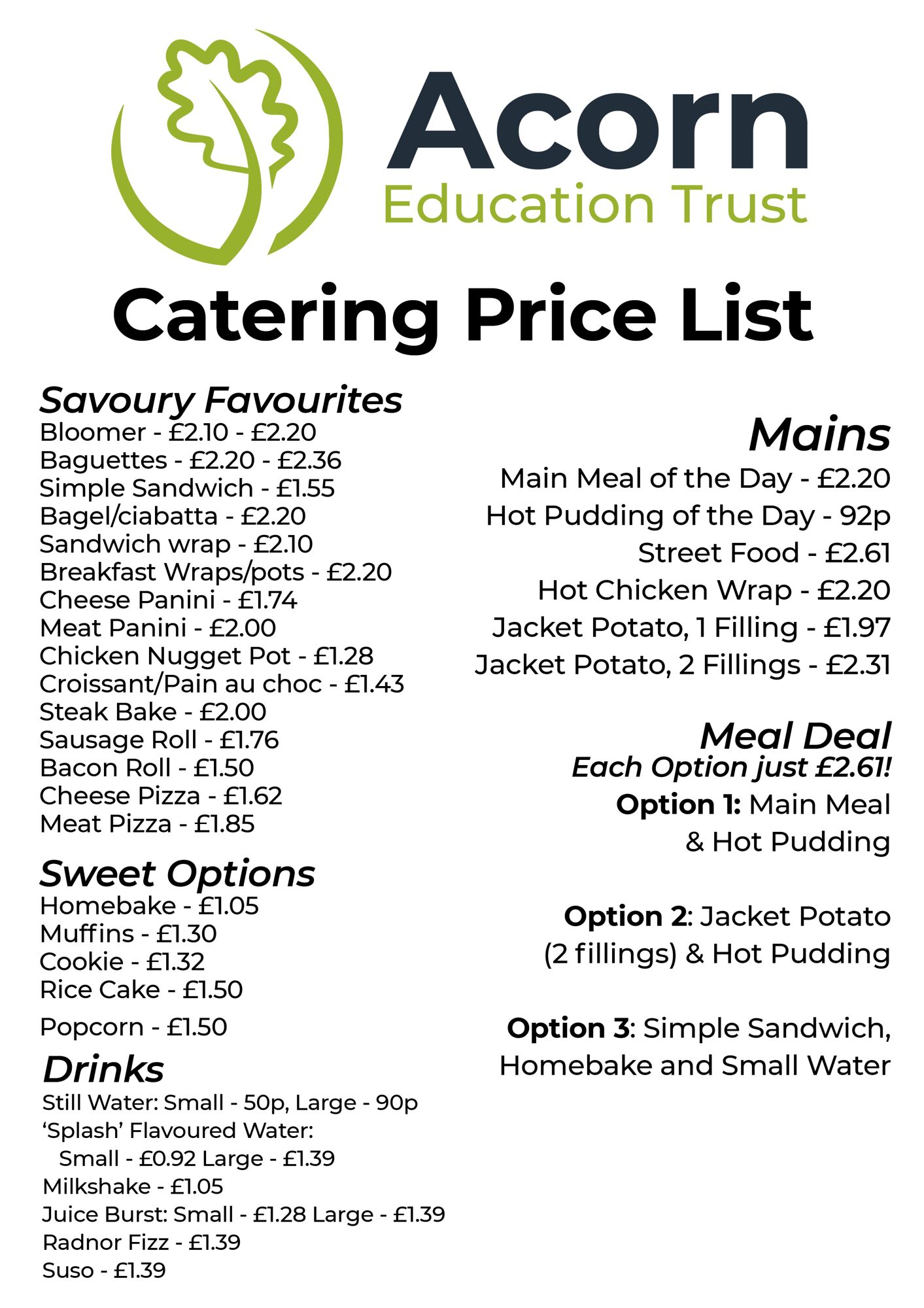 Acorn Catering Price List   PAB edit for Web   Sep 2025